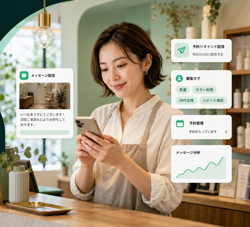 スマートフォンで顧客対応を確認する店舗オーナーと、配信・予約・顧客管理の画面イメージ