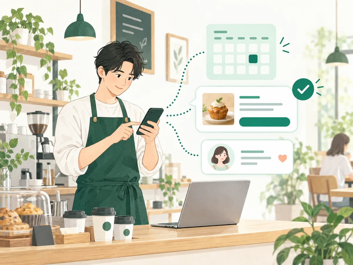 カフェの店主がスマートフォンを確認しながら、配信カレンダー・メッセージ・お客様情報をまとめて管理するイラスト