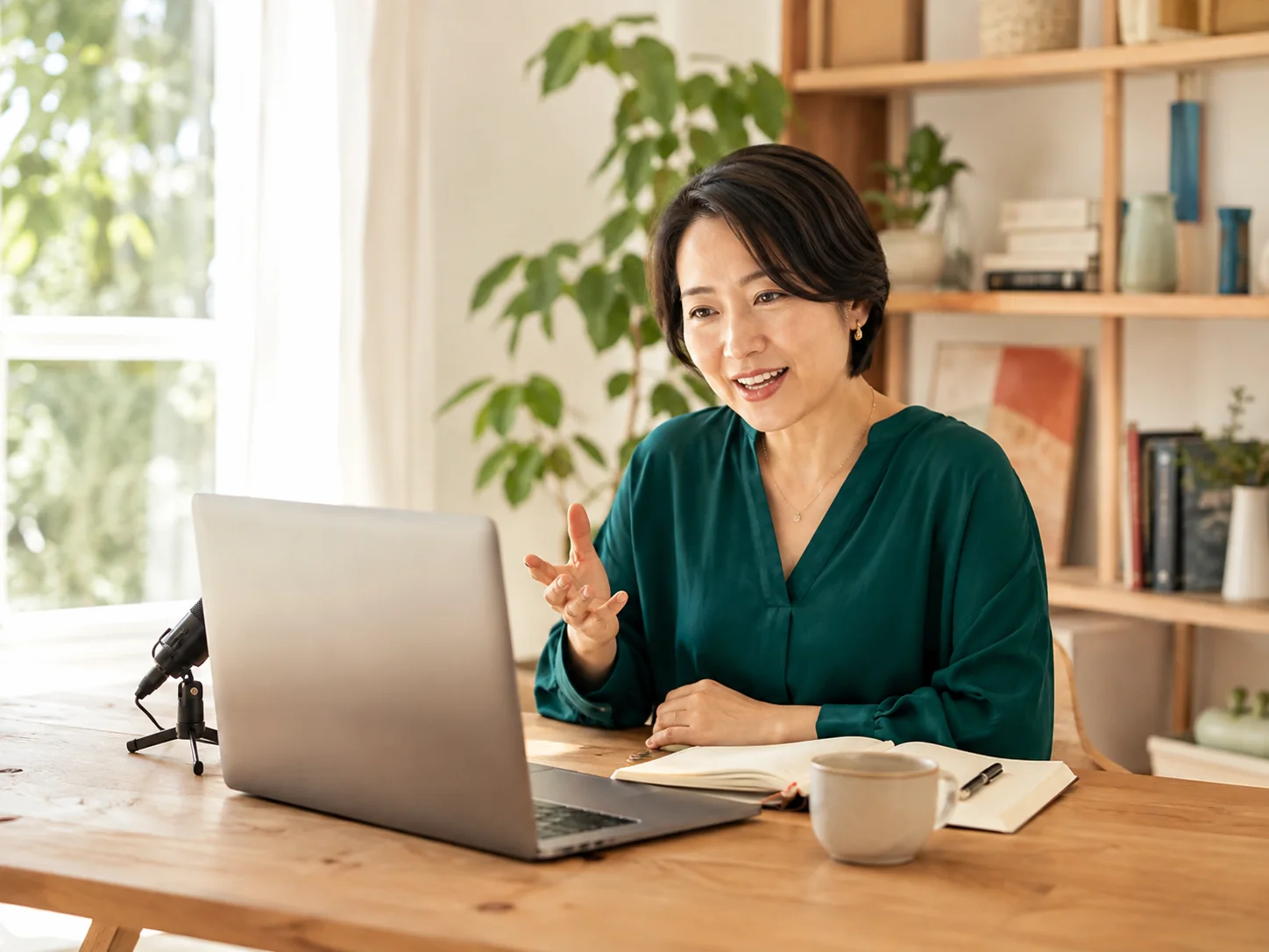 明るい仕事部屋で、パソコン越しにコーチングをする女性のイメージ