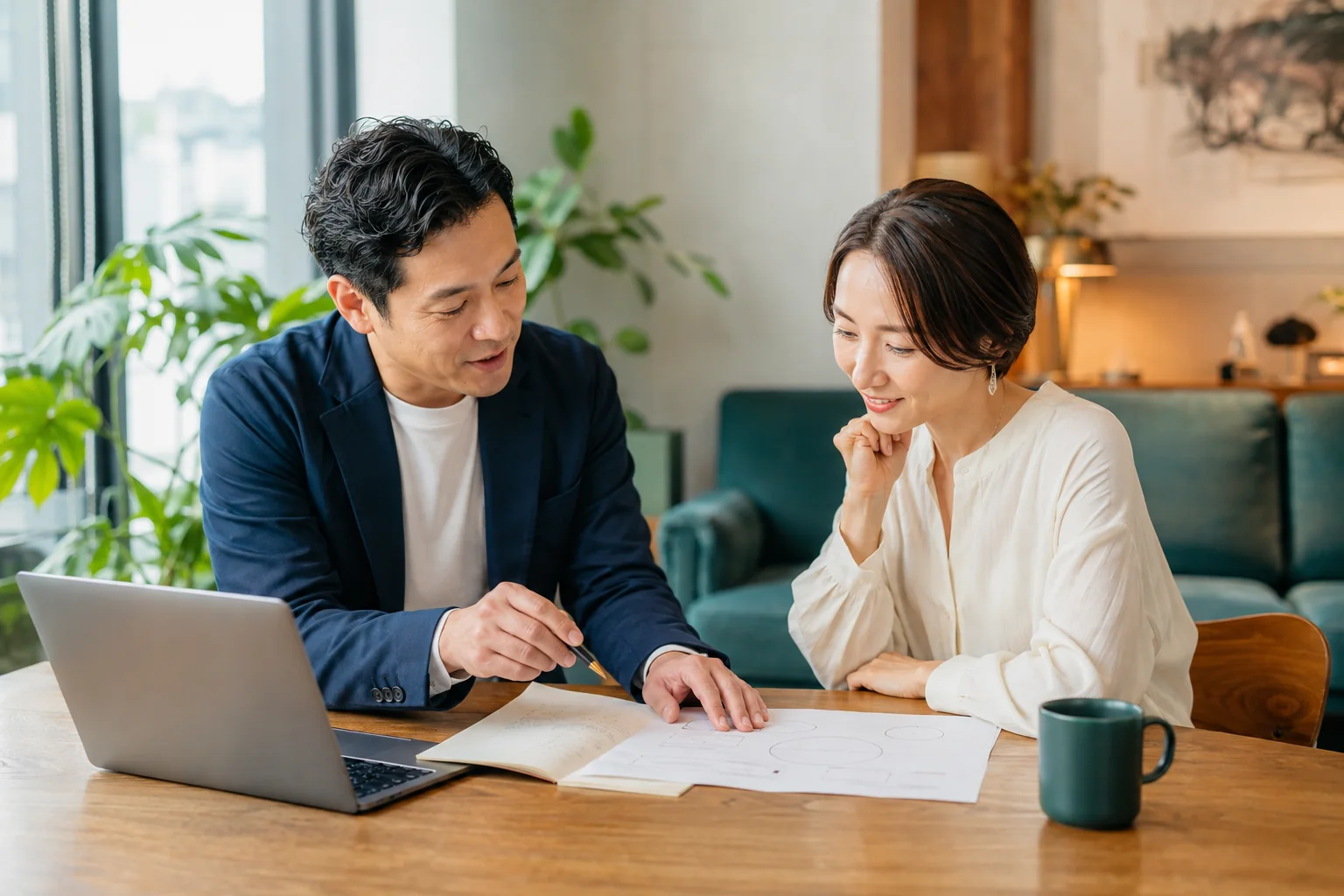 資料を広げ、相談者と一緒に考えるコンサルタントのイメージ