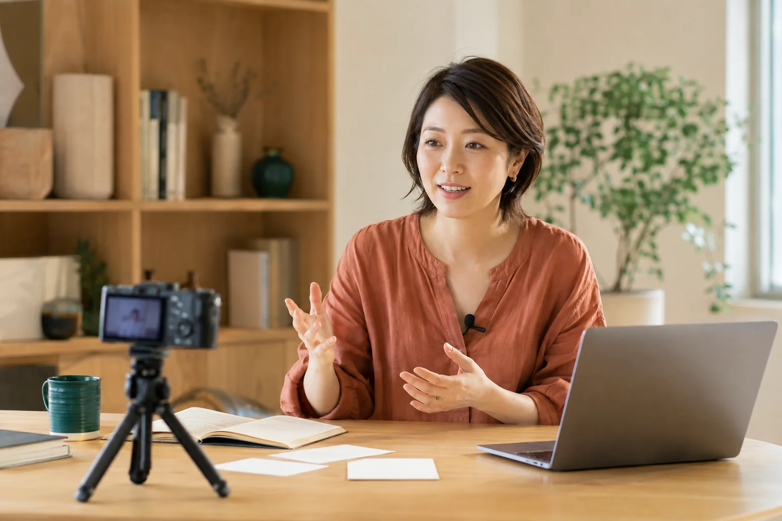 自分の知識をオンライン講座として収録する女性のイメージ